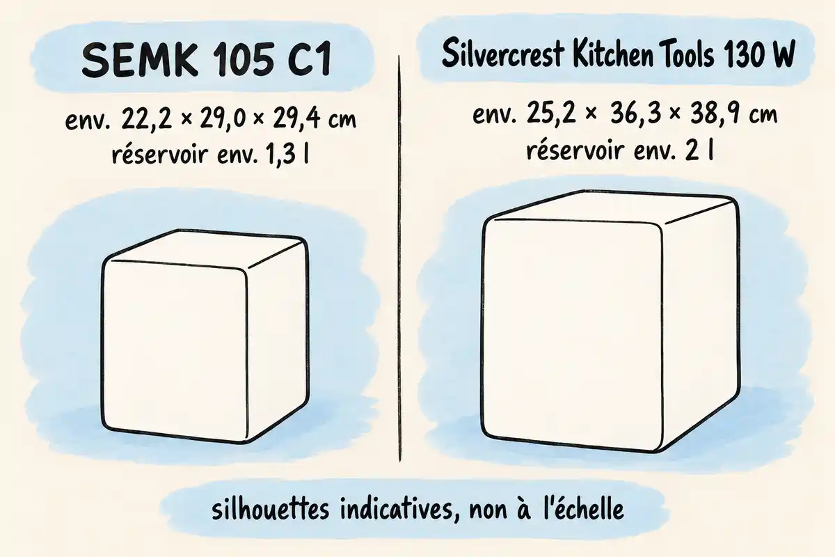 Le Kitchen Tools 130 W est annoncé plus encombrant que la SEMK 105 C1, avec un réservoir d’environ 2 l contre 1,3 l.