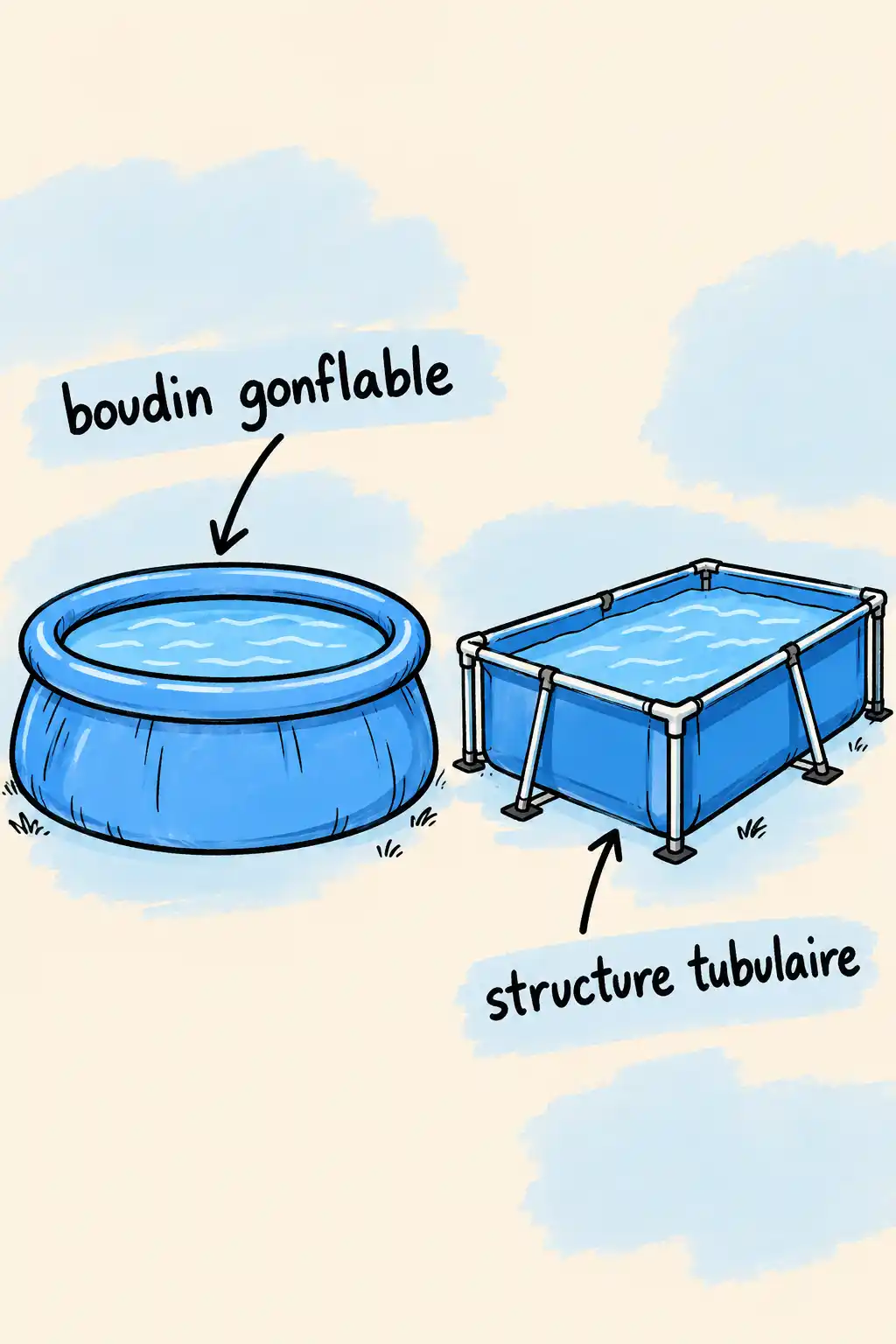 Illustration en dessin noir sur fond pastel montrant une piscine ronde à boudin gonflable à gauche et une piscine rectangulaire à structure tubulaire à droite, avec des flèches et des libellés explicatifs.