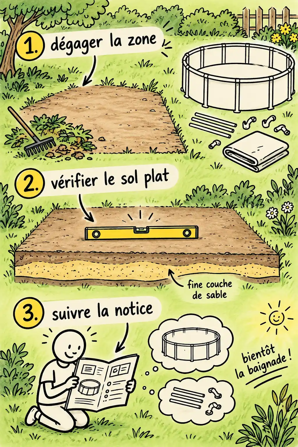 Infographie dessinée en trois étapes montrant la préparation du sol pour installer une piscine hors sol : dégager la zone, vérifier qu’elle est plane avec un niveau à bulle, puis suivre la notice.