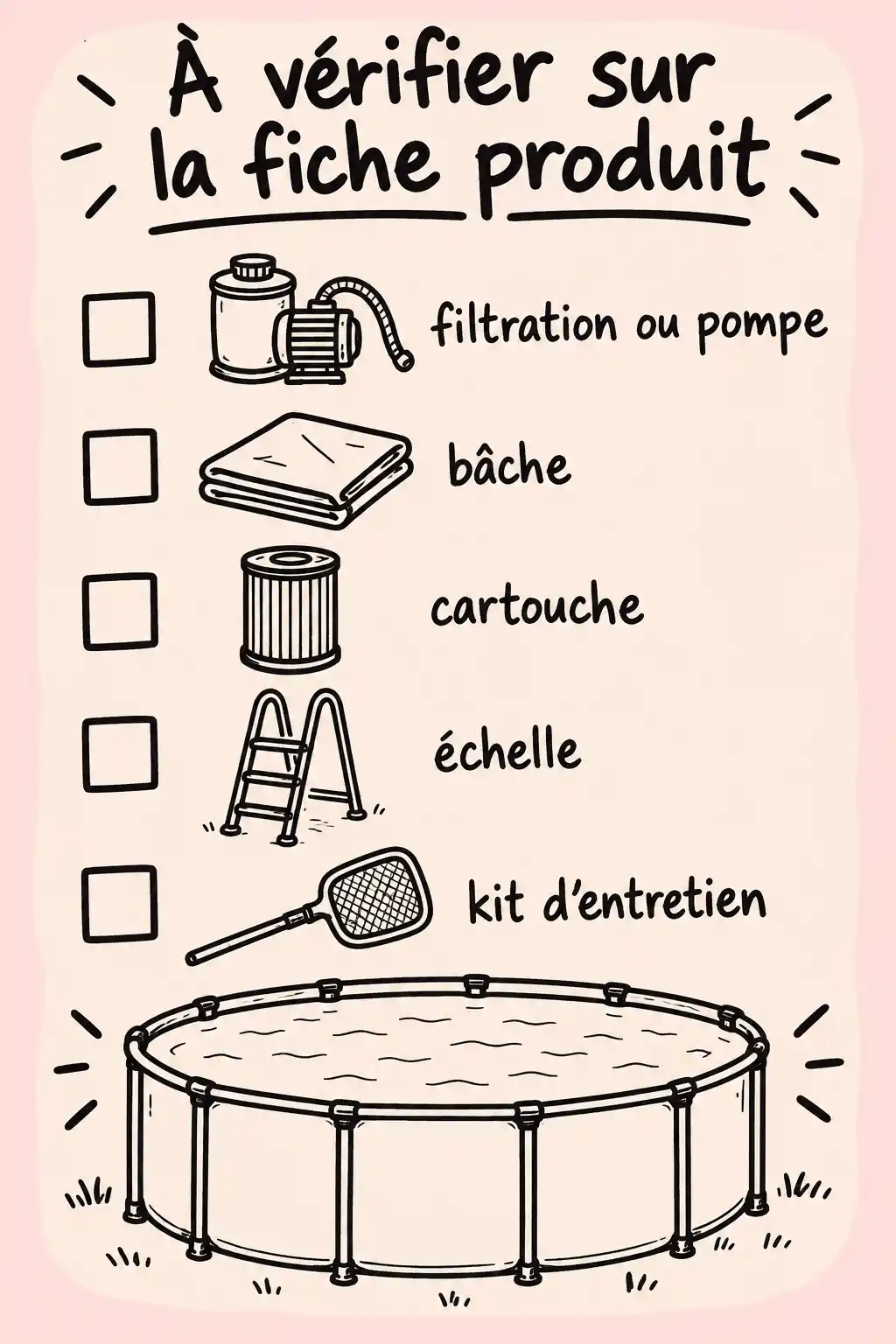 Infographie en dessin noir au style sketchnote sur fond pastel, présentant une piscine hors sol et une liste à cocher : filtration ou pompe, bâche, cartouche, échelle et kit d’entretien.