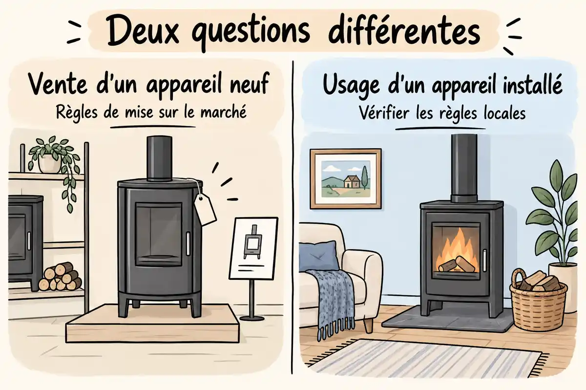 La vente d’un appareil neuf relève des règles de mise sur le marché, tandis que l’usage d’un appareil installé peut dépendre de règles locales.