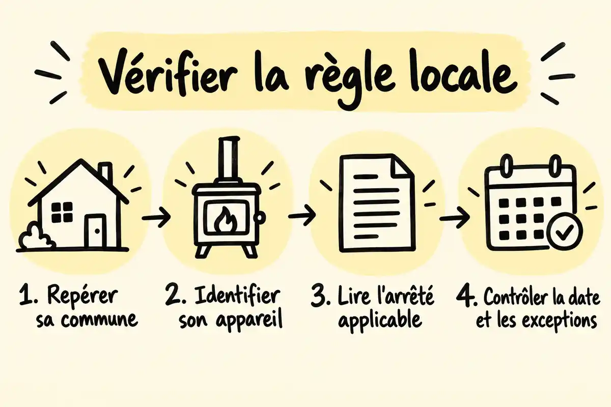 Pour vérifier une restriction, repérez la commune, identifiez l’appareil, consultez l’arrêté applicable, puis contrôlez ses dates et exceptions.