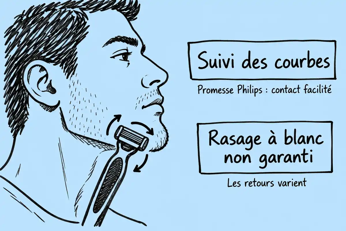 Dessin au marqueur d’un visage masculin de profil se rasant la mâchoire avec un rasoir pivotant, accompagné de deux encadrés explicatifs en français.