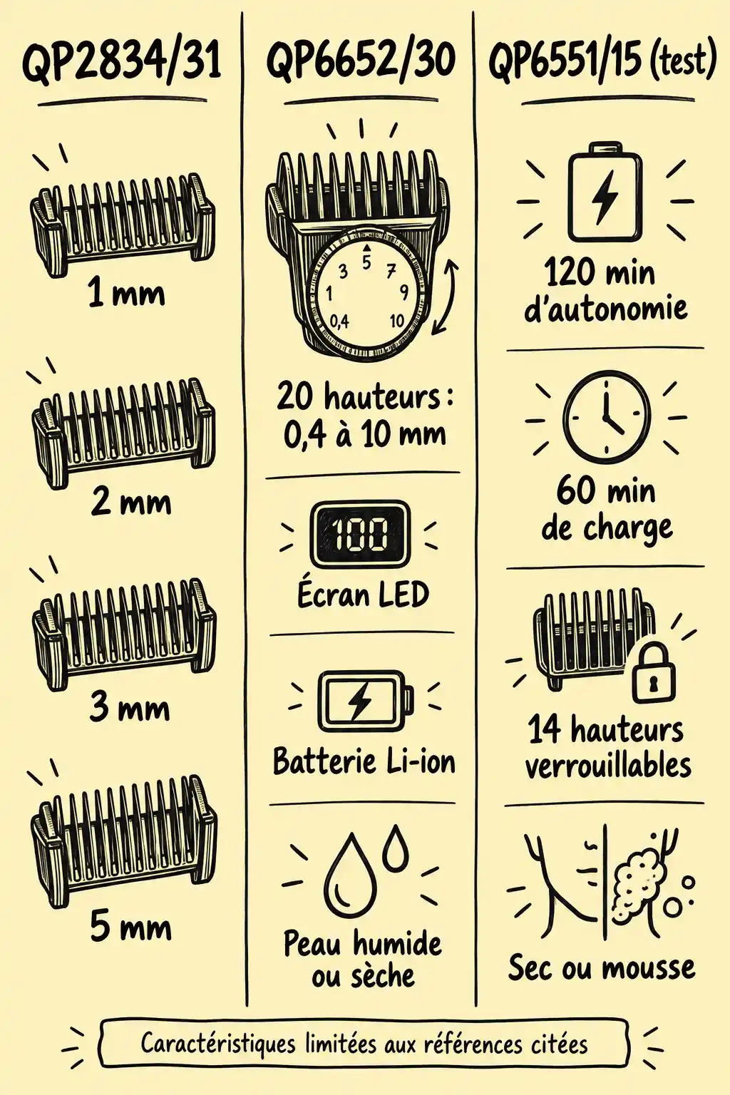 Tableau dessiné au marqueur comparant trois références de sabots et tondeuses, avec hauteurs de coupe, autonomie, charge et modes d’utilisation.