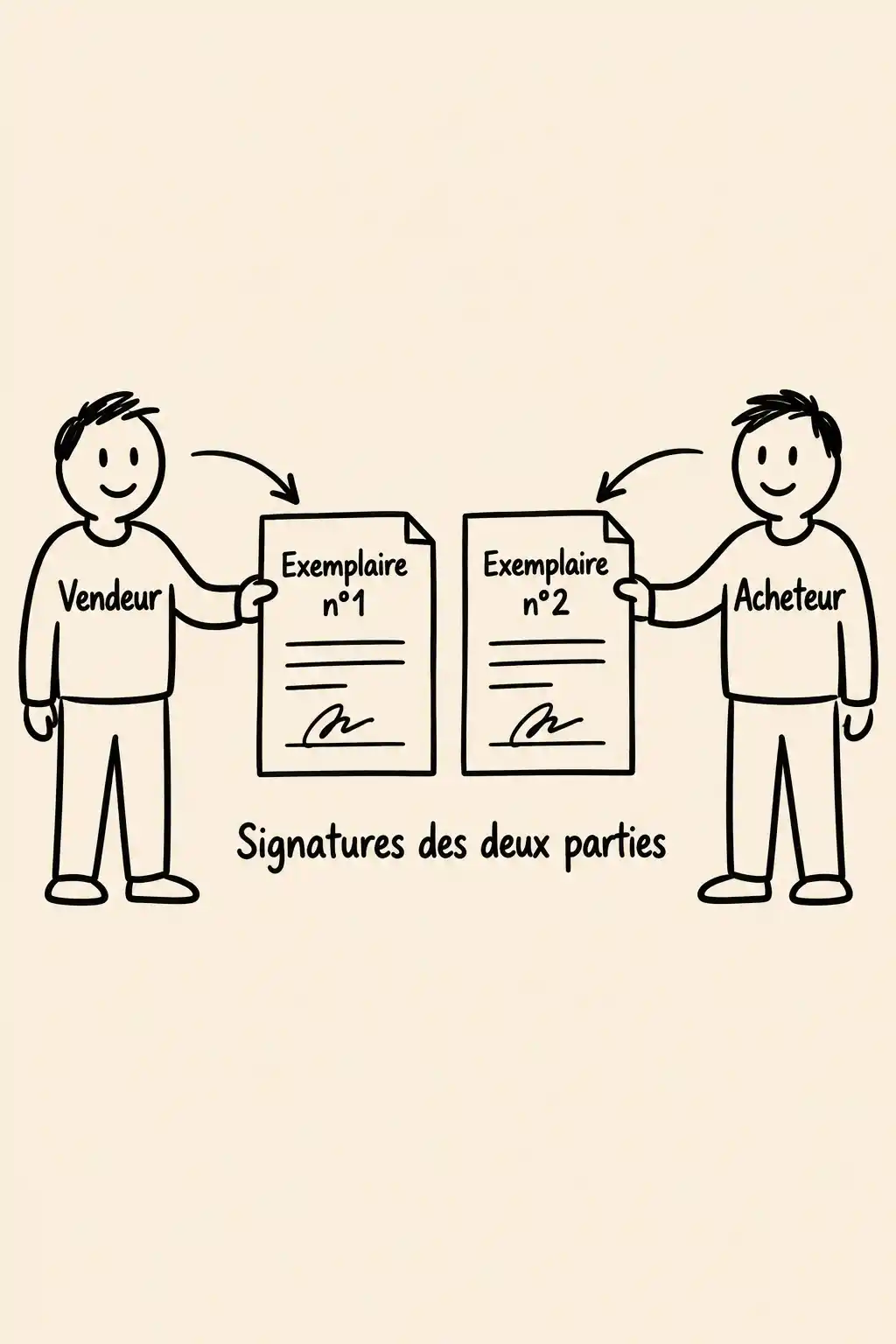 Deux silhouettes, « Vendeur » et « Acheteur », tiennent respectivement les documents « Exemplaire n°1 » et « Exemplaire n°2 », reliés par des flèches, avec la mention « Signatures des deux parties ».