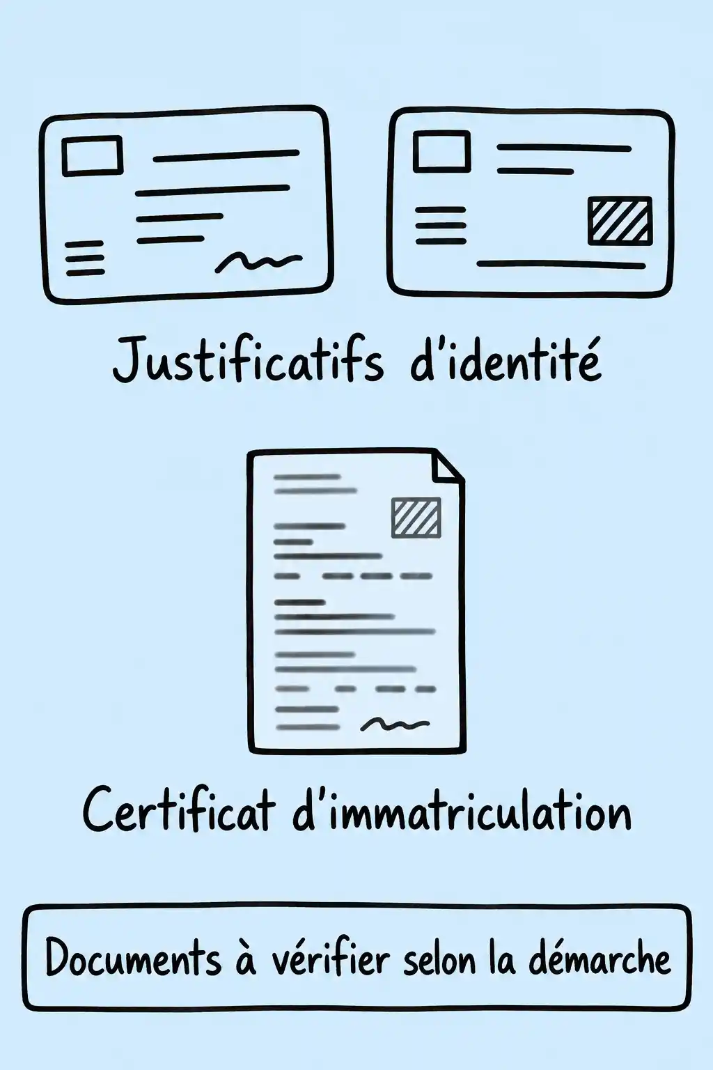 Illustration manuscrite sur fond bleu pâle présentant deux cartes d’identité, un certificat d’immatriculation et les textes « Justificatifs d’identité », « Certificat d’immatriculation » et « Documents à vérifier selon la démarche ».