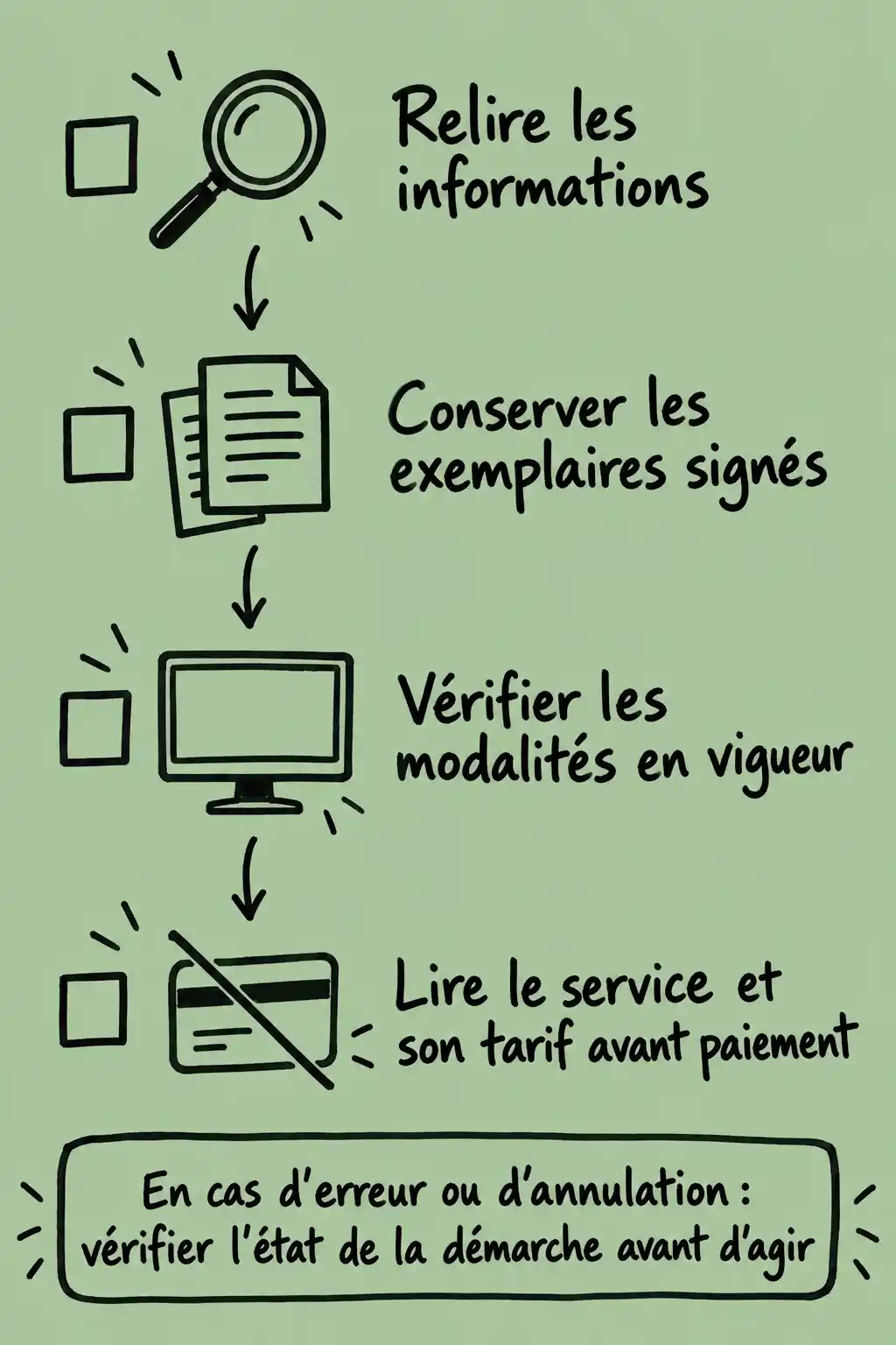 Infographie en dessin noir sur fond vert sauge présentant quatre étapes verticales avec cases à cocher : relire les informations, conserver les exemplaires signés, vérifier les modalités en vigueur et lire le service et son tarif avant paiement. Un encadré final rappelle de vérifier l’état de la démarche en cas d’erreur ou d’annulation.
