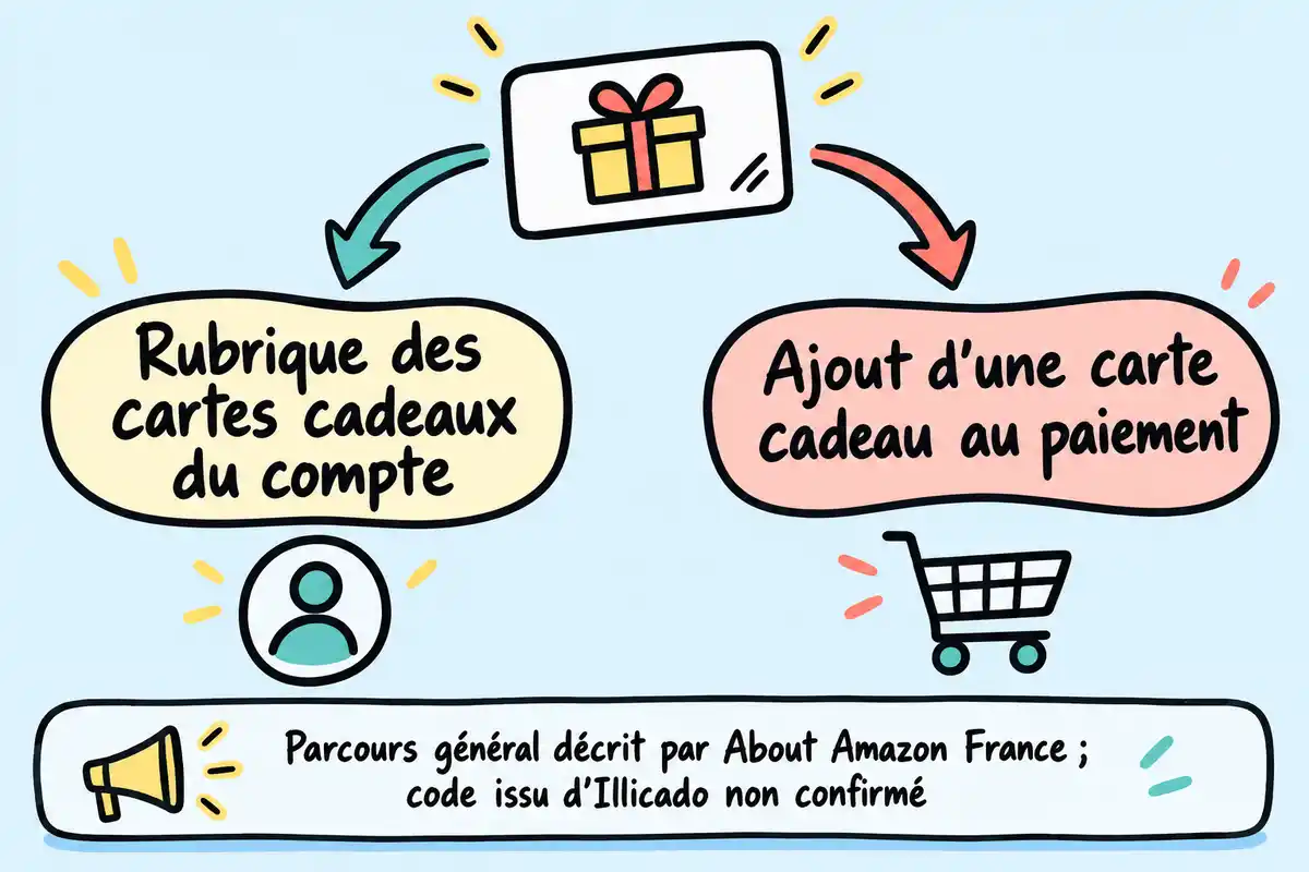 Pour une carte cadeau Amazon, l’ajout au compte et la saisie au paiement sont deux points d’entrée généraux ; le code Illicado reste à vérifier.