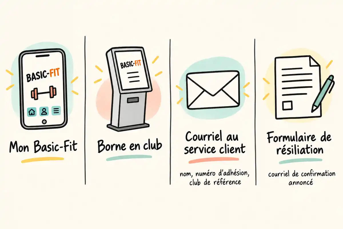 Les demandes de résiliation passent par Mon Basic-Fit, une borne en club ou le courriel ; le suivi varie selon le parcours.