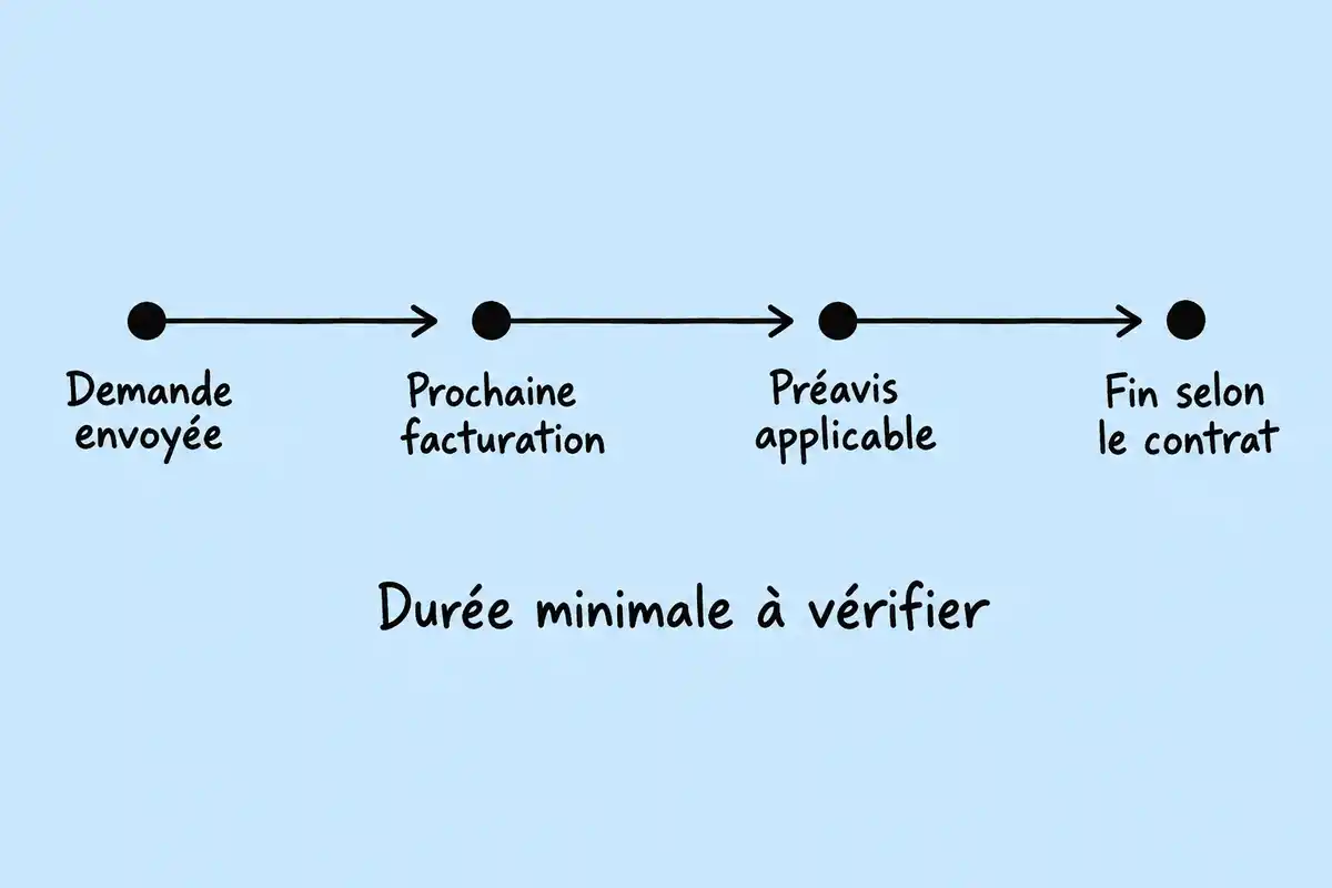 La fin du contrat dépend de la formule, de la durée minimale éventuelle, de la prochaine facturation et du préavis applicable.