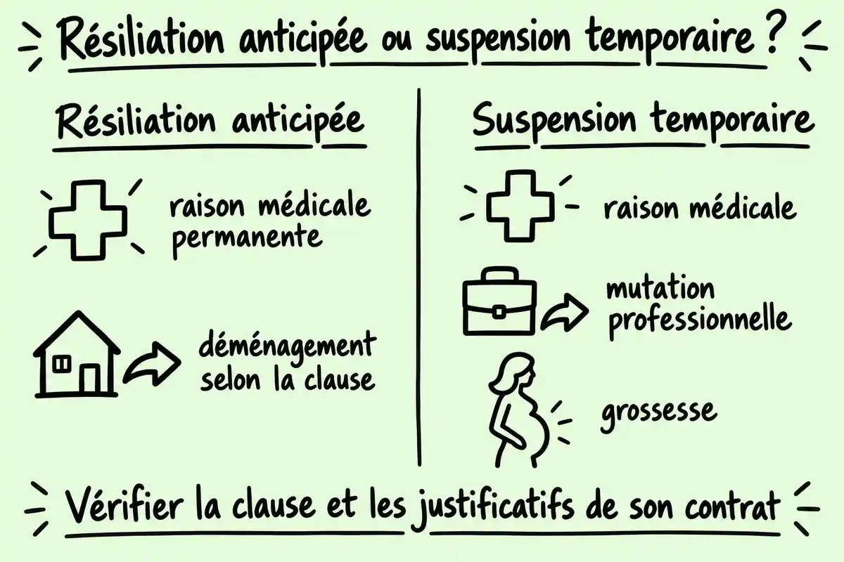 La résiliation anticipée met fin à l’abonnement selon certaines clauses ; la suspension interrompt temporairement certaines obligations.