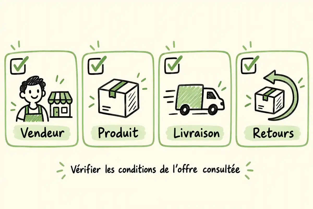 Comparer le vendeur, le produit, la livraison et les retours aide à vérifier les conditions de l’offre avant paiement.