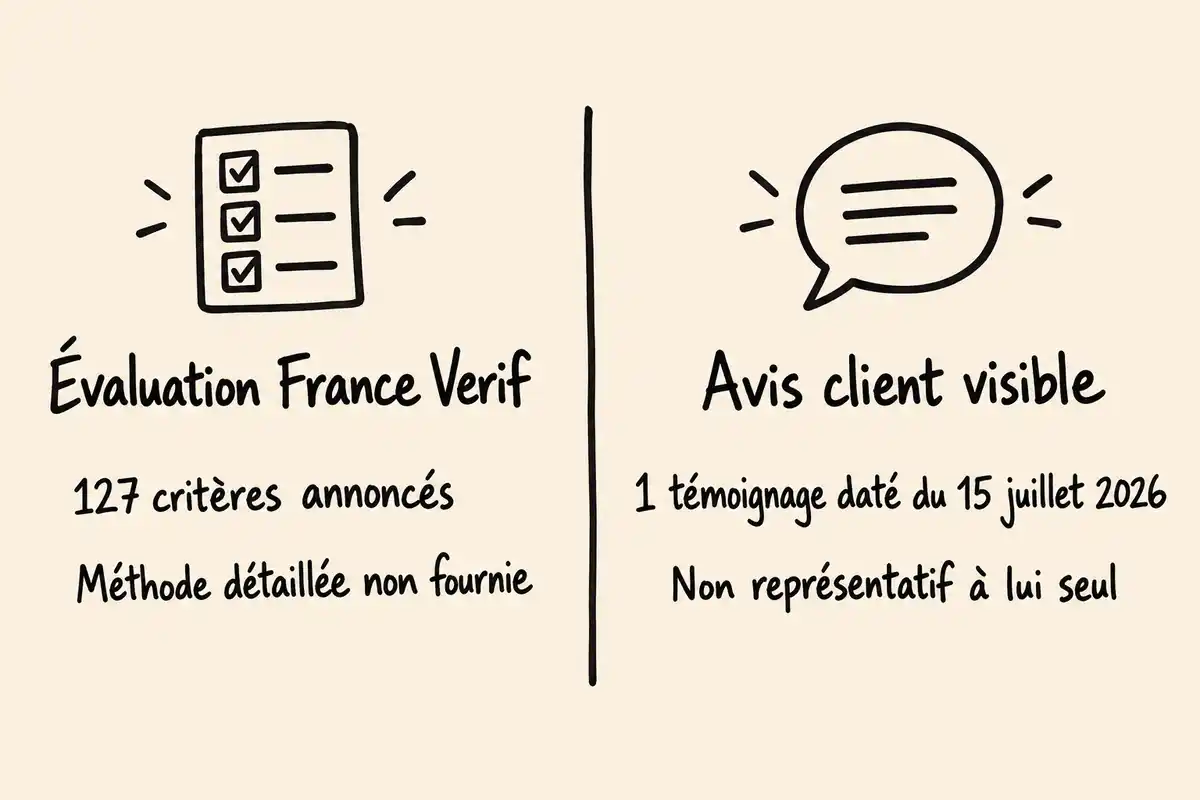 L’évaluation générale de France Verif et un avis individuel apportent des repères différents, sans établir la satisfaction de l’ensemble des clients.