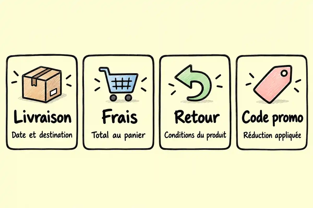 Avant de payer, contrôlez la date estimée et les frais du panier, ainsi que les conditions de retour et l’application du code promo.