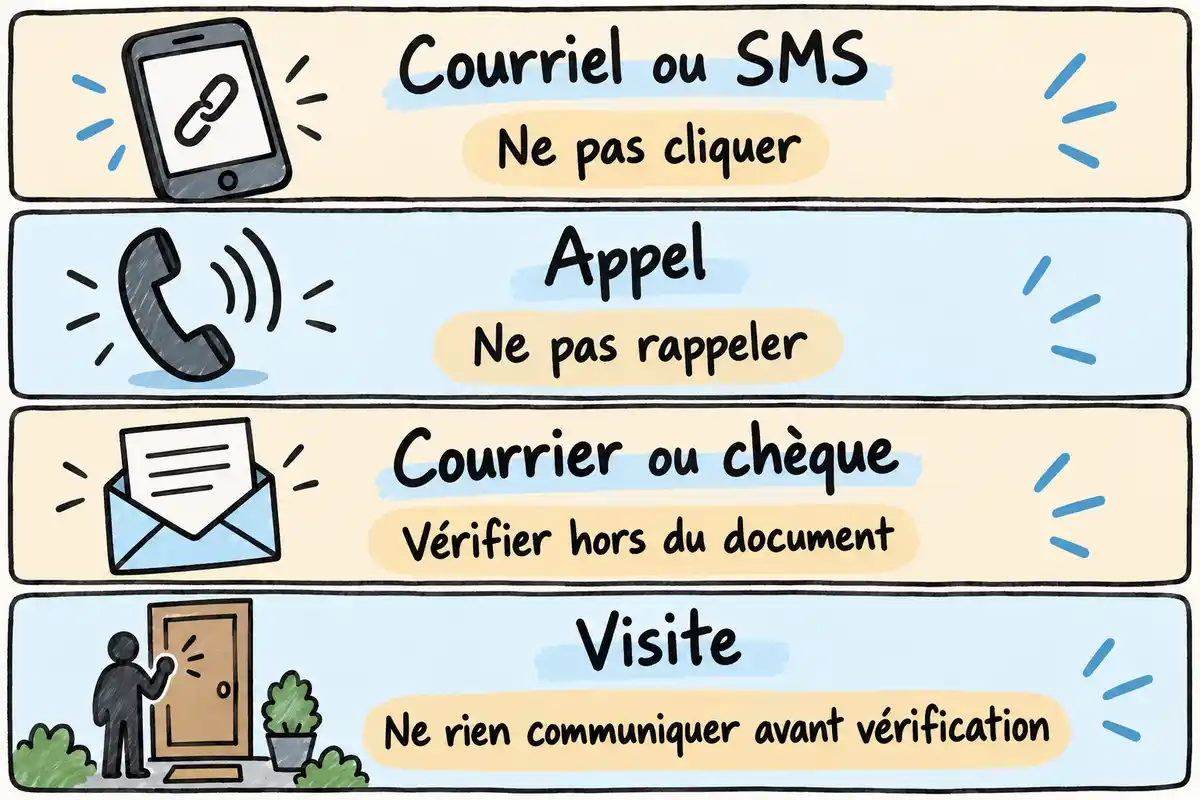 Courriel, appel, courrier ou visite : un lien inattendu ou une demande de données appelle une vérification indépendante.
