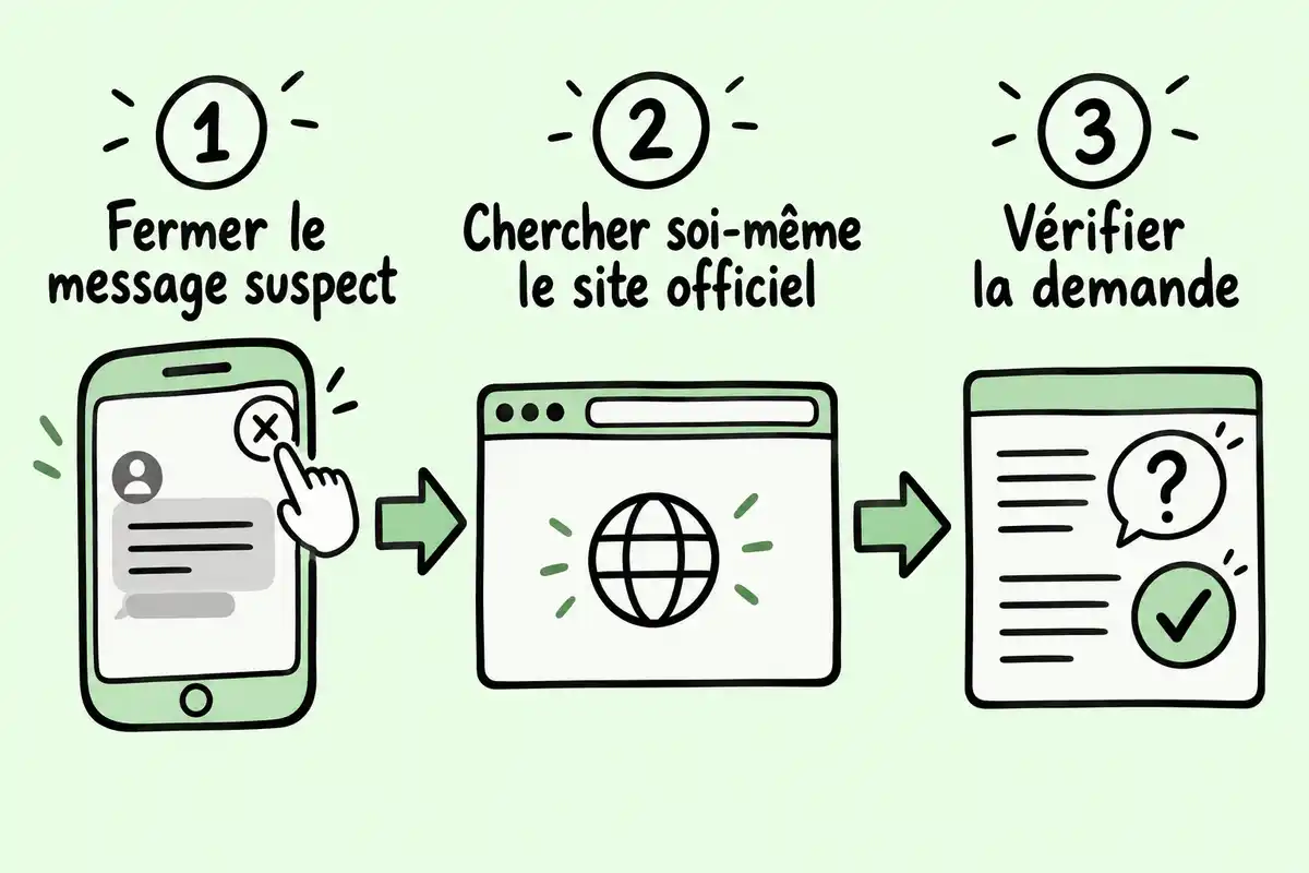 Fermer le message, rechercher soi-même le site officiel, puis vérifier la demande : un parcours qui évite de suivre le lien reçu.