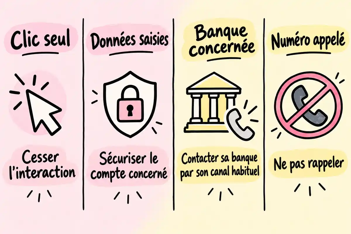 Après une sollicitation suspecte, la priorité varie selon l’interaction : clic seul, identifiants saisis, banque concernée ou numéro appelé.