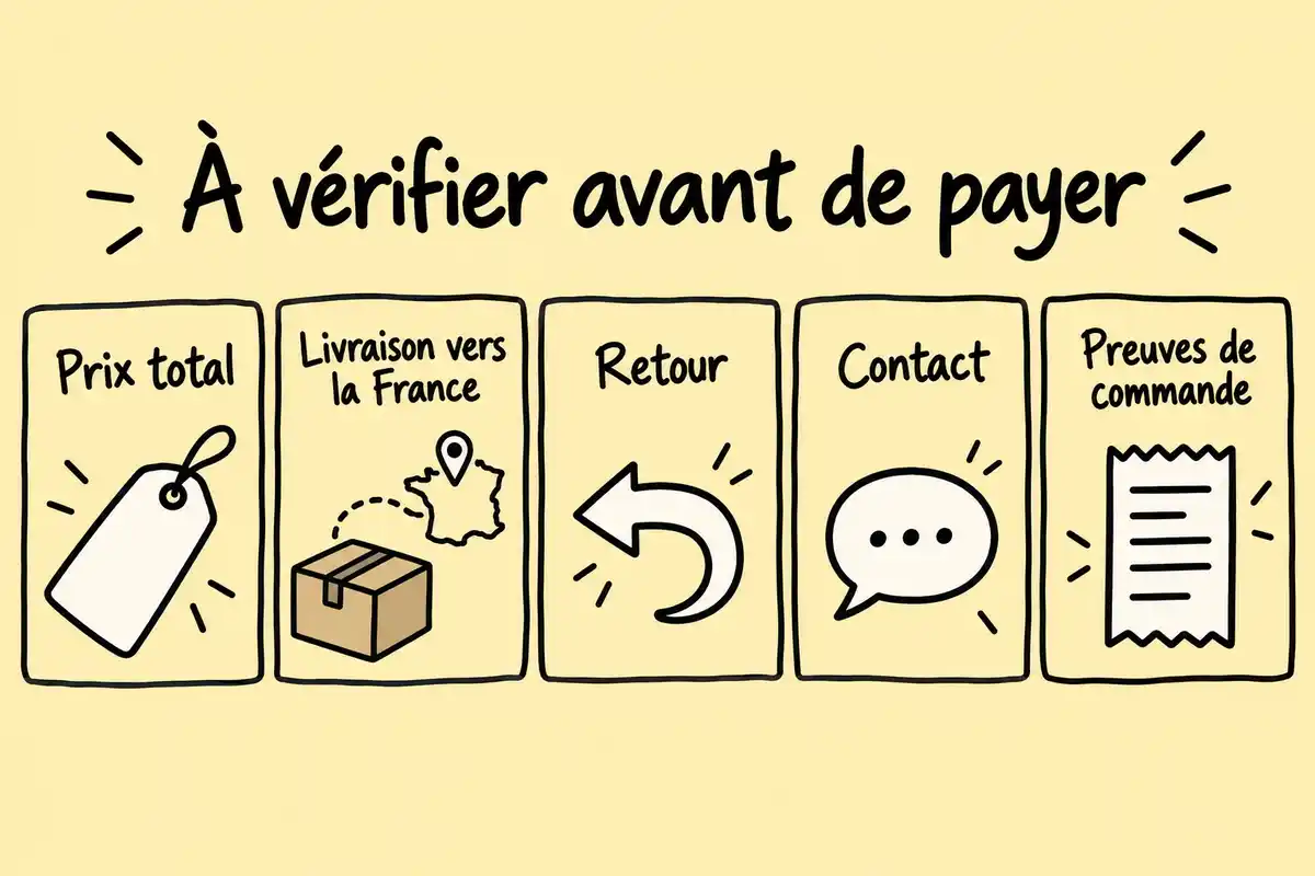 Infographie manuscrite sur fond jaune pastel intitulée « À vérifier avant de payer », présentant cinq cartes : prix total, livraison vers la France, retour, contact et preuves de commande.