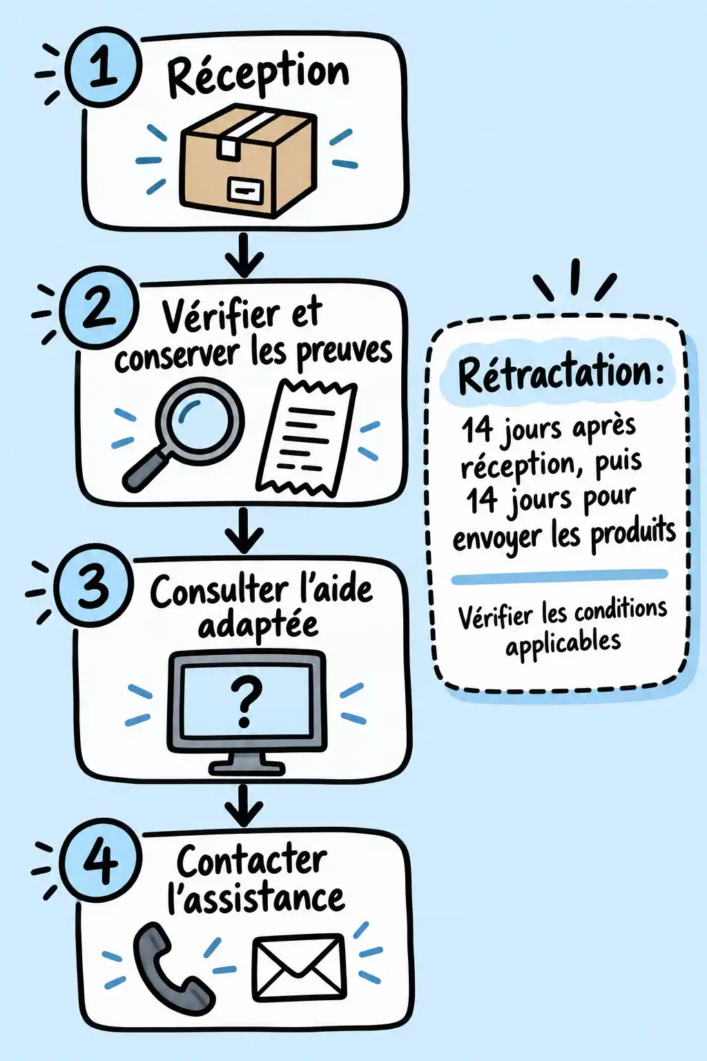 Infographie verticale en français présentant quatre étapes illustrées — réception, vérification des preuves, consultation de l’aide et contact de l’assistance — avec un encadré sur la rétractation.