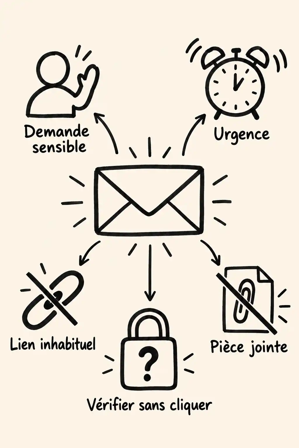 Composition verticale autour d’une enveloppe, avec des pictogrammes signalant une demande sensible, l’urgence, un lien inhabituel, une pièce jointe et la nécessité de vérifier sans cliquer.