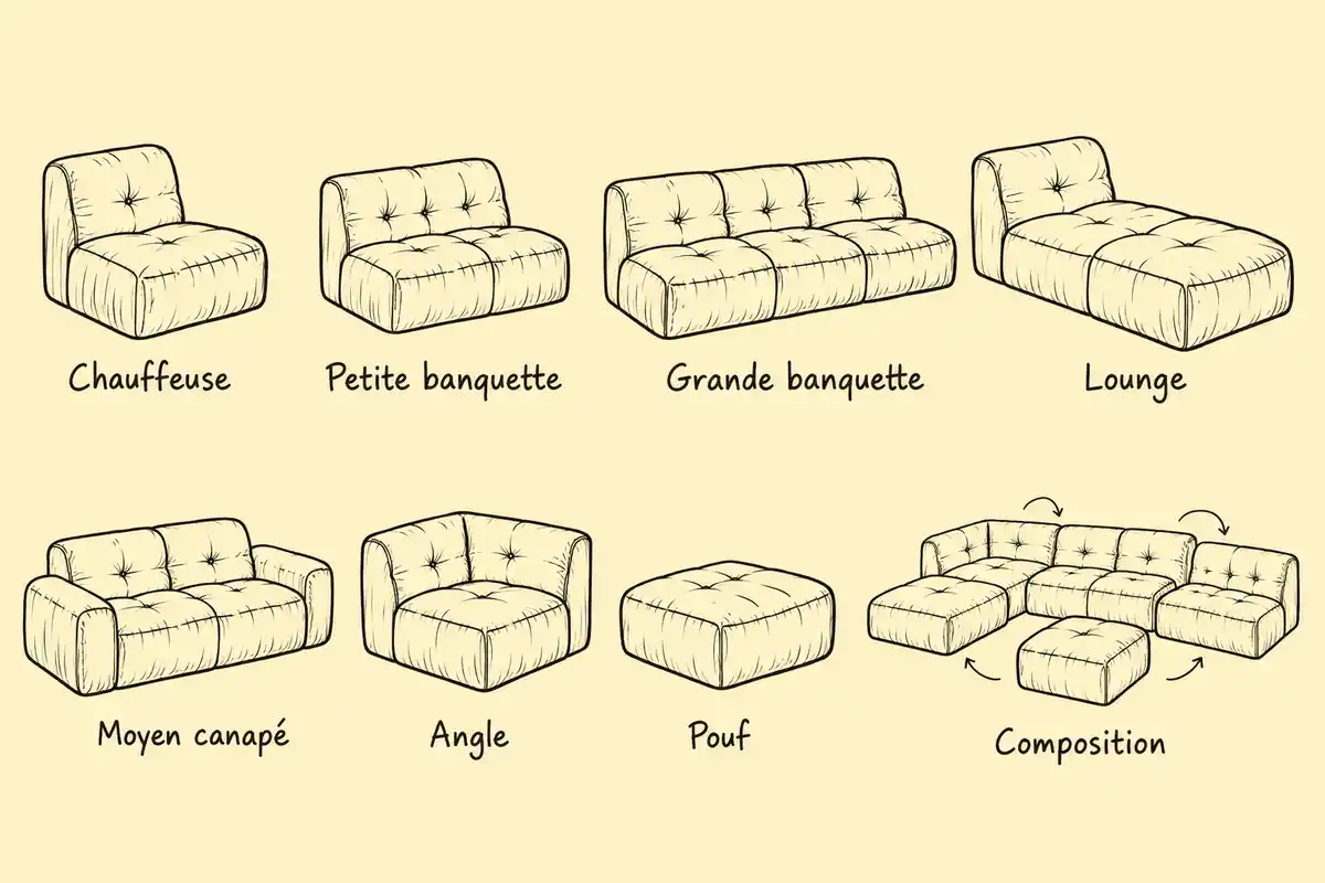 Planche illustrée en style sketchnote montrant huit modules de canapé capitonnés sur fond beige pastel, étiquetés « Chauffeuse », « Petite banquette », « Grande banquette », « Lounge », « Moyen canapé », « Angle », « Pouf » et « Composition ».