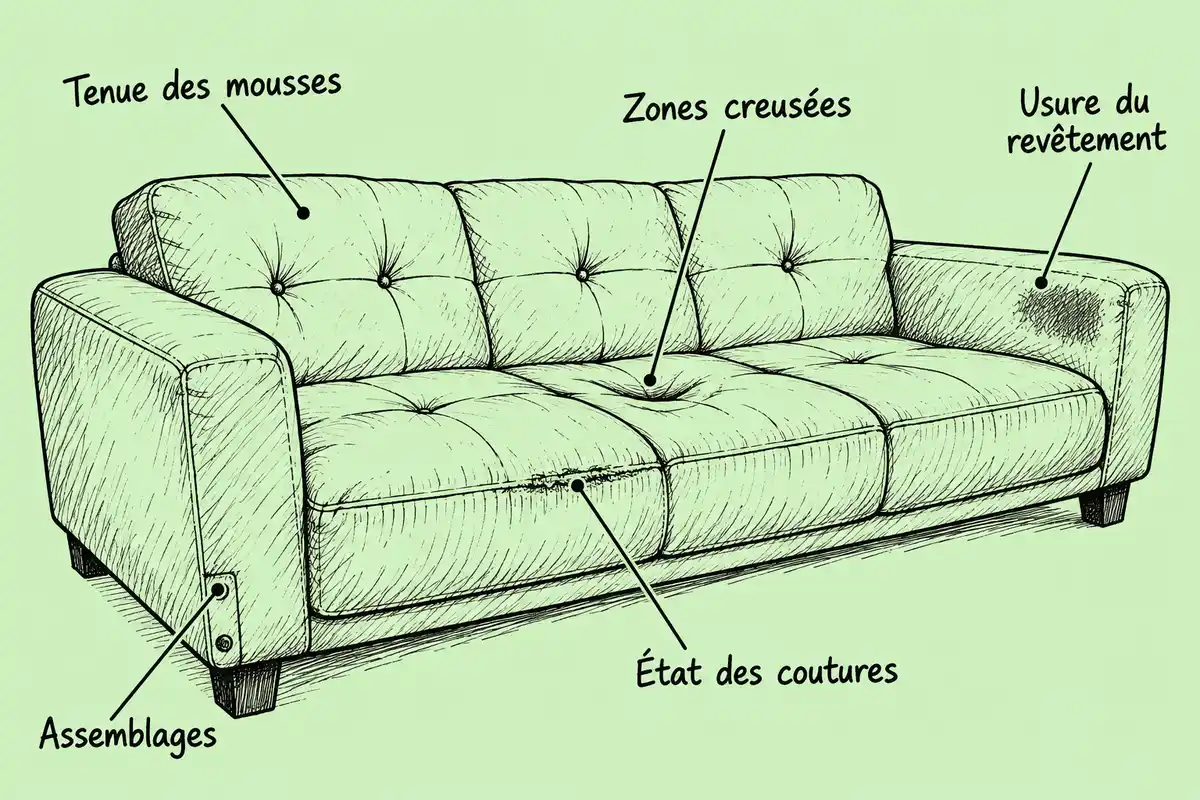 Schéma annoté en français montrant un canapé capitonné d’occasion sur fond vert pastel, avec des repères indiquant la tenue des mousses, les zones creusées, l’usure du revêtement, l’état des coutures et les assemblages.