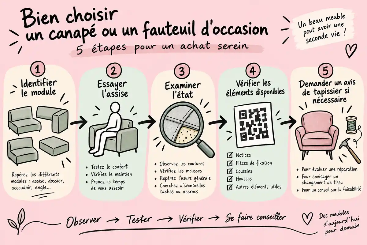 Infographie dessinée au marqueur sur fond rose pastel présentant cinq étapes pour choisir un canapé ou un fauteuil d’occasion, illustrées par des modules, une personne assise, une loupe, des éléments disponibles et un fauteuil à réparer.