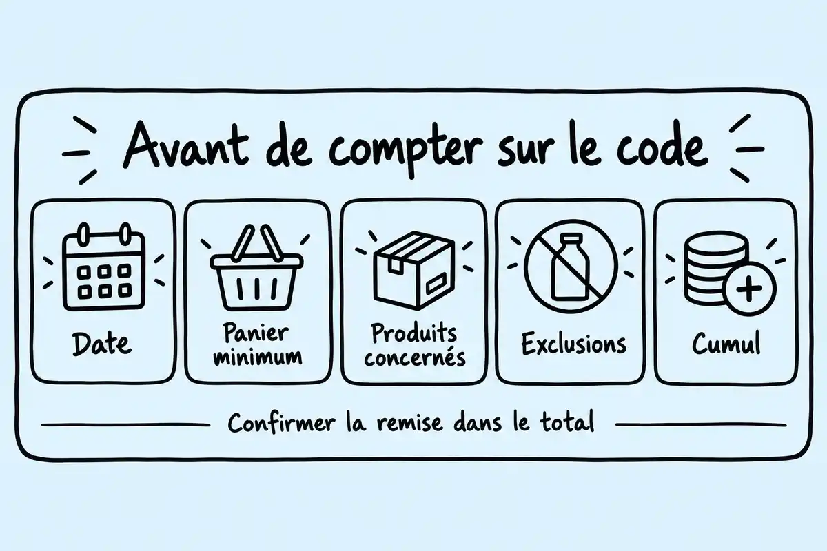 Date, minimum d’achat, produits concernés, exclusions et cumul déterminent si un code convient au panier.