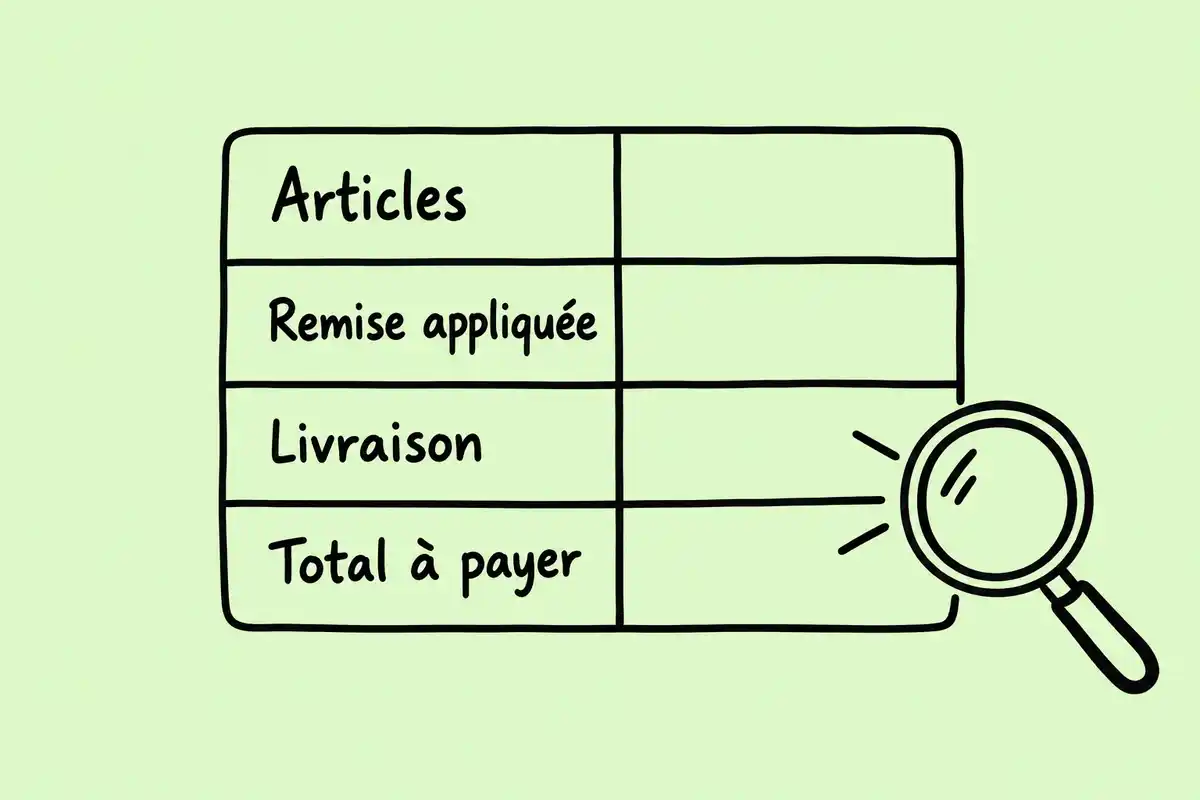 La remise et la livraison s’évaluent séparément ; le récapitulatif final permet de contrôler le total réellement facturé.