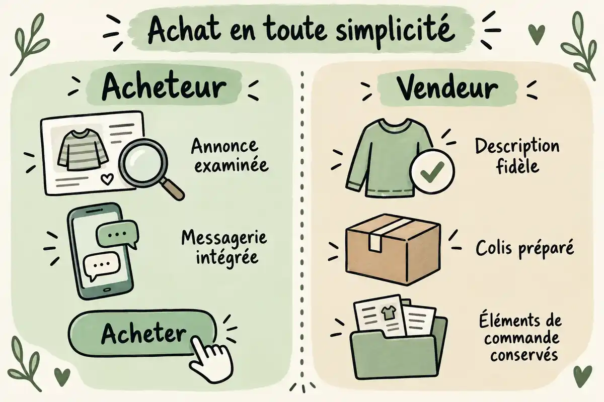 Acheteur et vendeur restent dans le parcours Vinted et conservent les éléments de commande utiles avant la transaction.