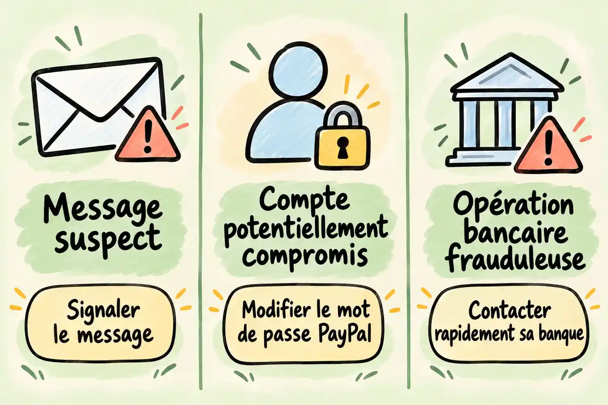 La réaction varie selon la situation : signaler le message suspect, sécuriser un compte compromis ou contacter sa banque.