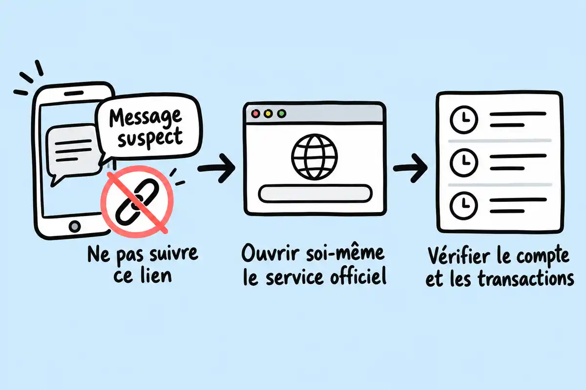 Face à un message suspect, ouvrez vous-même le service pour vérifier compte et transactions, sans suivre son lien ni conclure sur l’expéditeur.