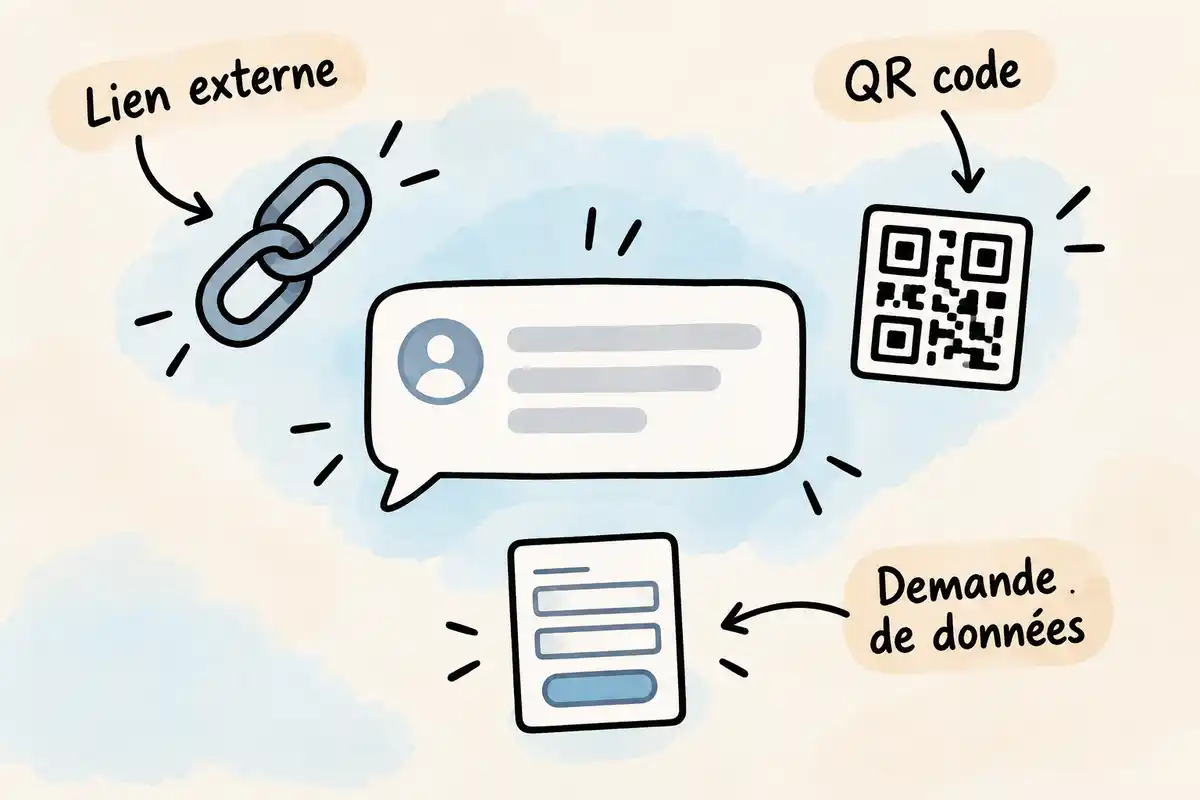 Un message alarmiste, un lien externe, un QR code ou une demande de données sensibles invitent à vérifier directement dans l’application.