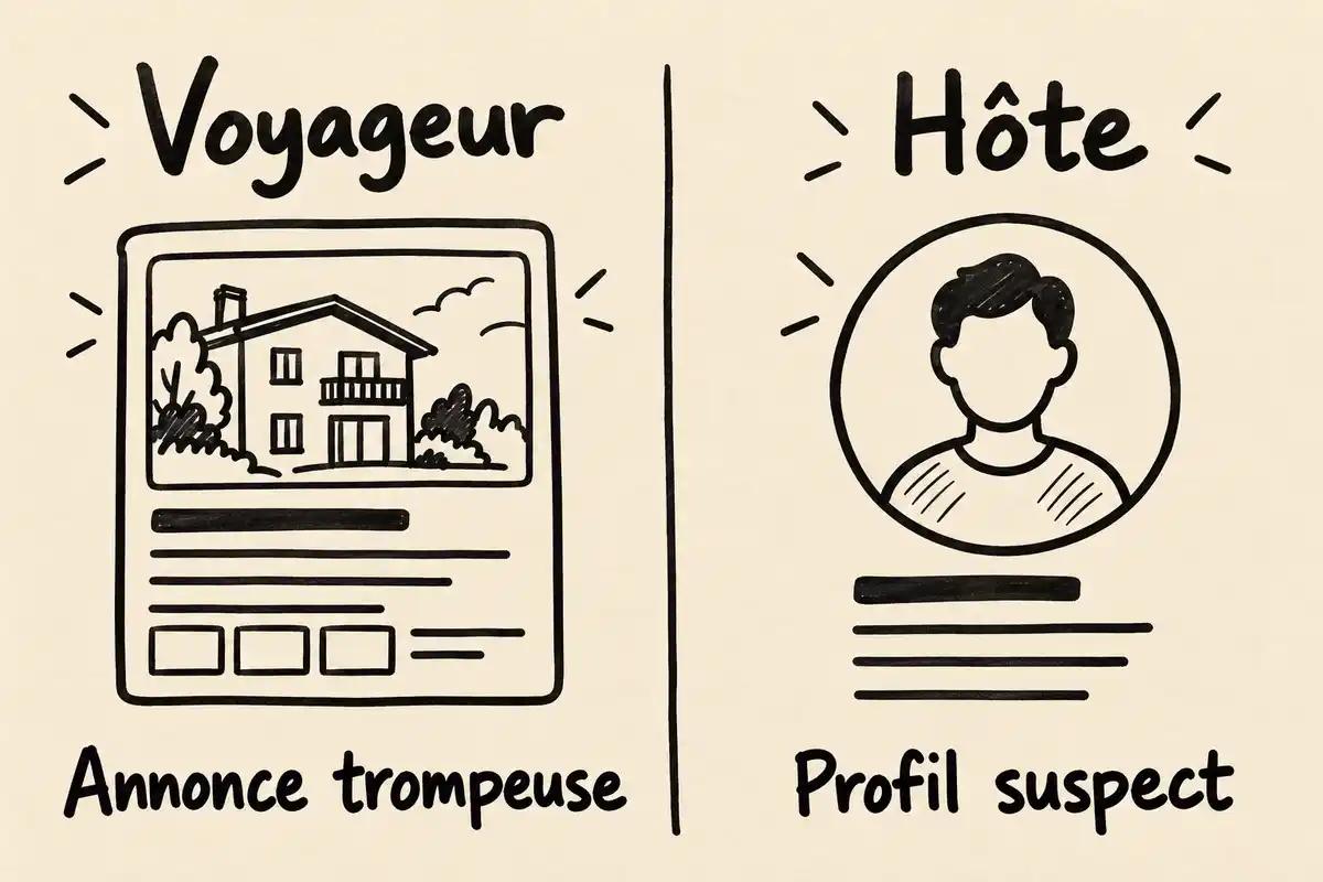 Voyageurs et hôtes peuvent rencontrer des risques différents : annonce trompeuse côté voyageur, profil suspect côté hôte.