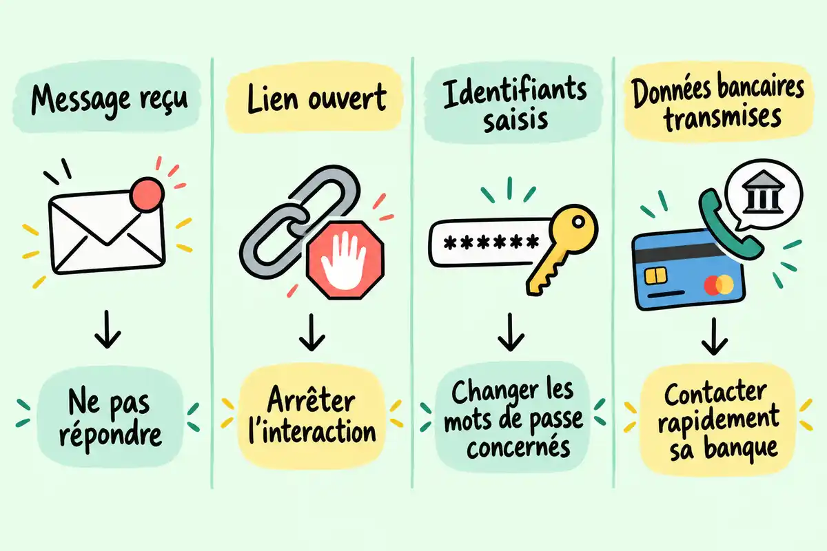 Les démarches varient selon l’exposition : message reçu, lien ouvert, identifiants saisis ou données bancaires transmises.