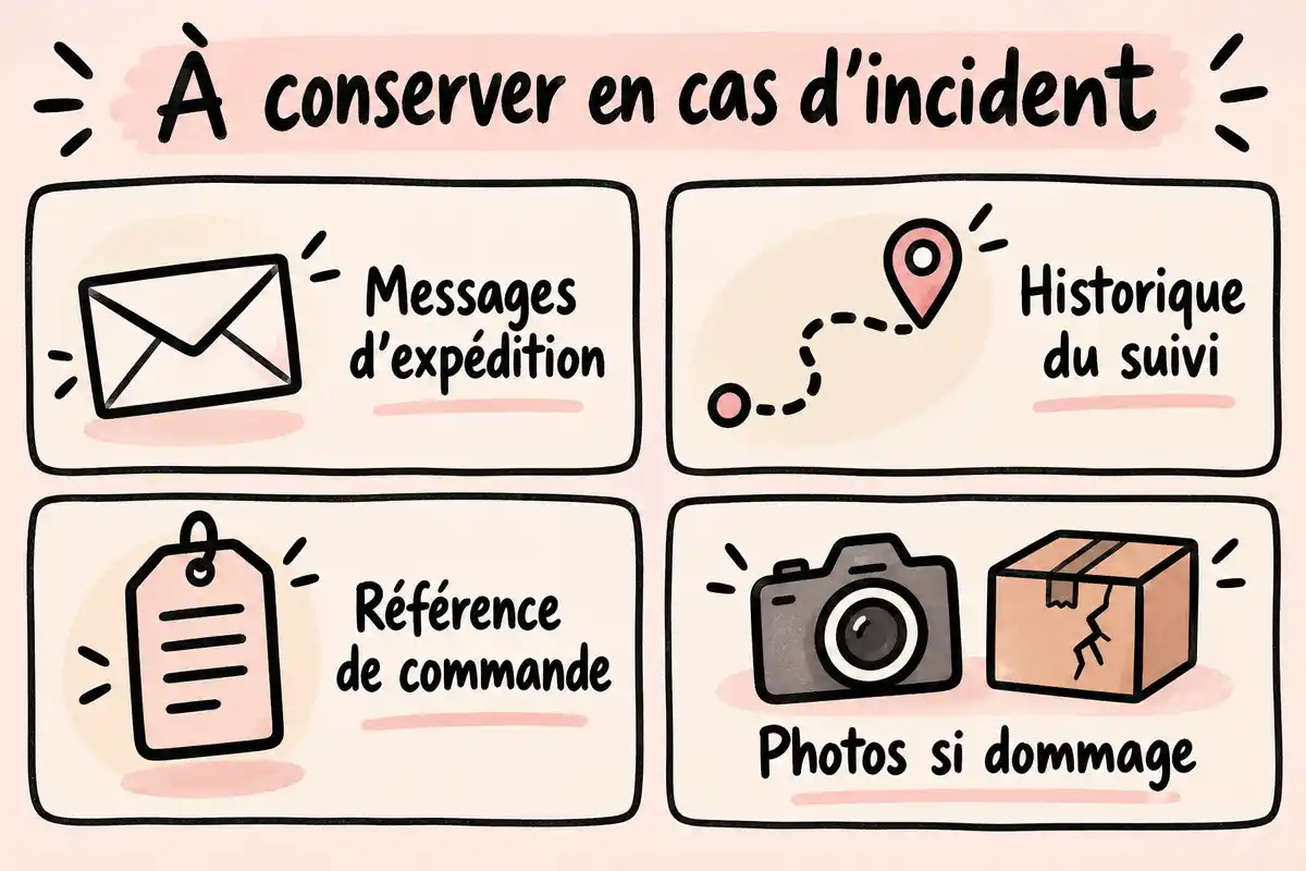 Pour expliquer un incident, conserver les messages d’expédition, l’historique du suivi, la référence de commande et, en cas de dommage, des photos.