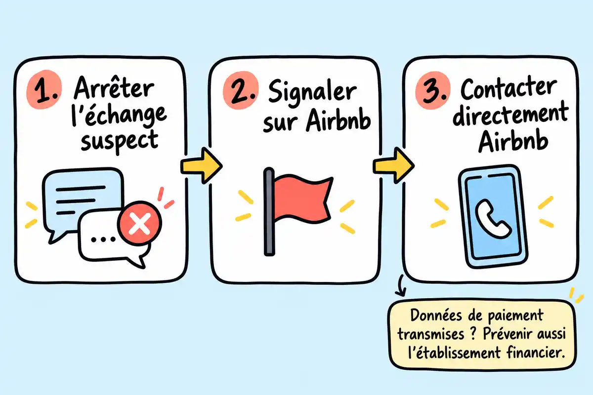 Après un incident, arrêter l’échange, signaler sur Airbnb et contacter directement la plateforme ; prévenir aussi sa banque si des données de paiement ont été transmises.