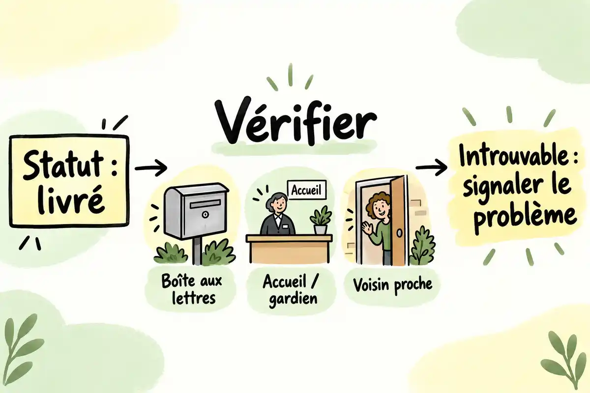 Un statut « livré » invite à vérifier les lieux de dépôt possibles ; si le colis reste introuvable, il faut signaler l’anomalie.