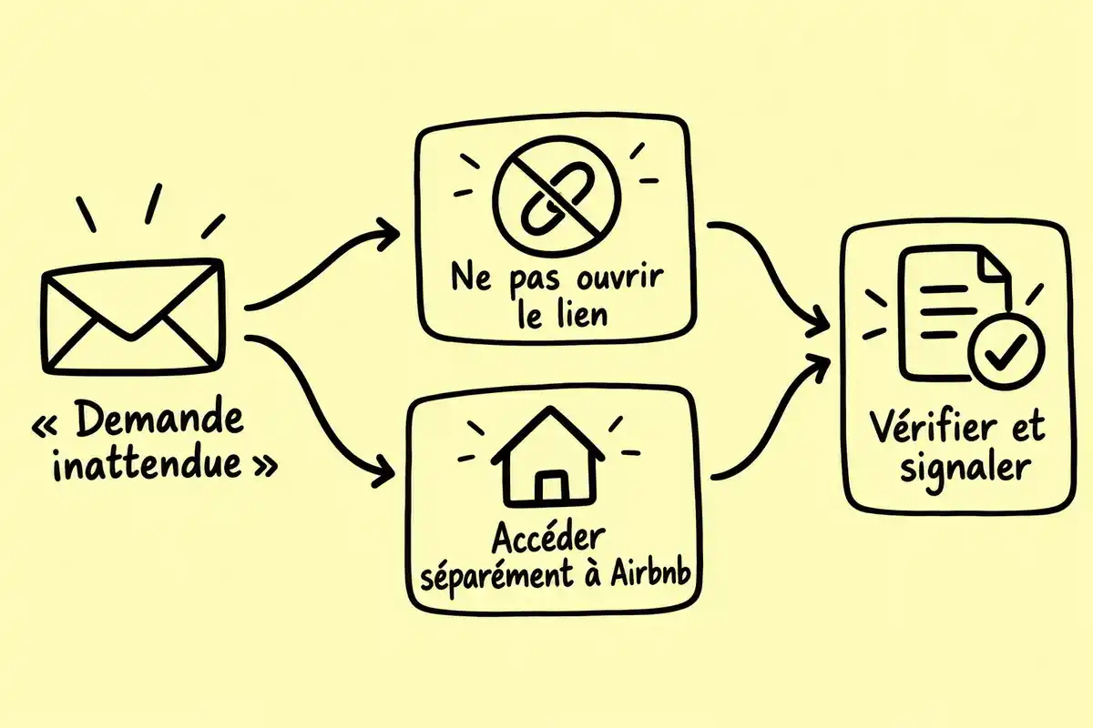 Face à une demande inattendue, ne pas ouvrir le lien, accéder séparément à Airbnb, puis vérifier la situation et signaler si besoin.