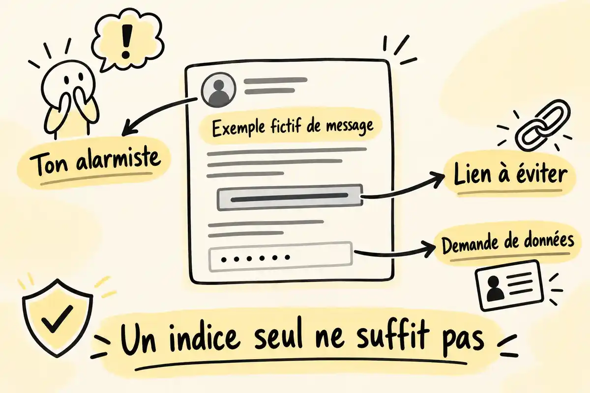 Ton alarmiste, lien à éviter et demande de données sont des indices à recouper ; aucun ne suffit seul à authentifier un message.