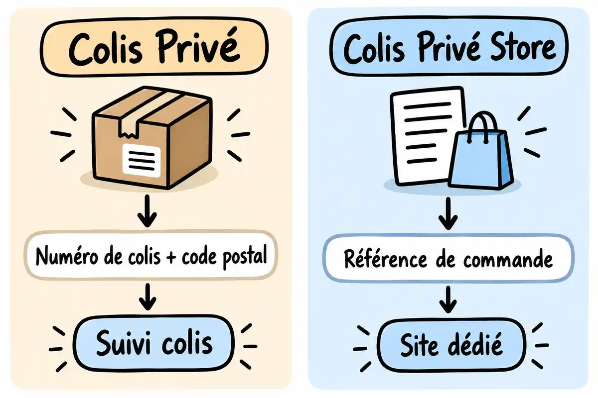 Un envoi Colis Privé se suit avec son numéro et le code postal associé ; une commande Store utilise une référence et un site dédié.