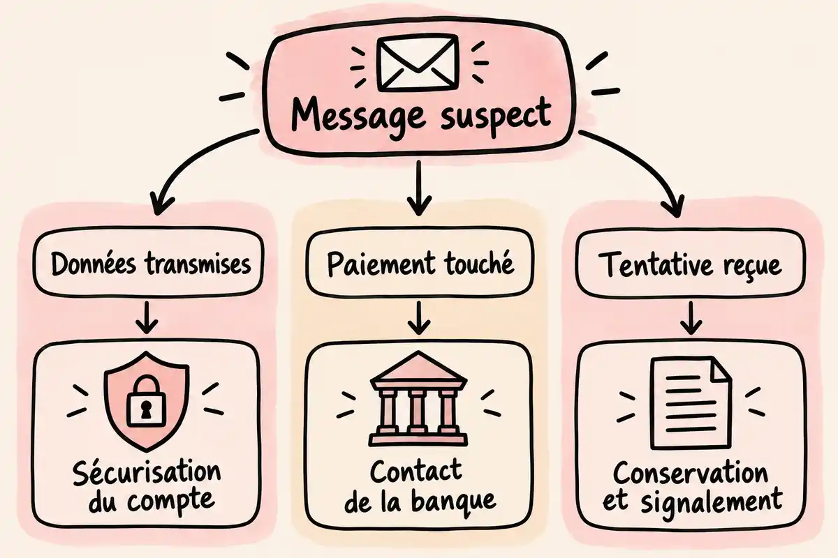 Après un message suspect, sécurisez le compte si des données ont été transmises, contactez la banque si le paiement est touché, ou conservez et signalez la tentative.