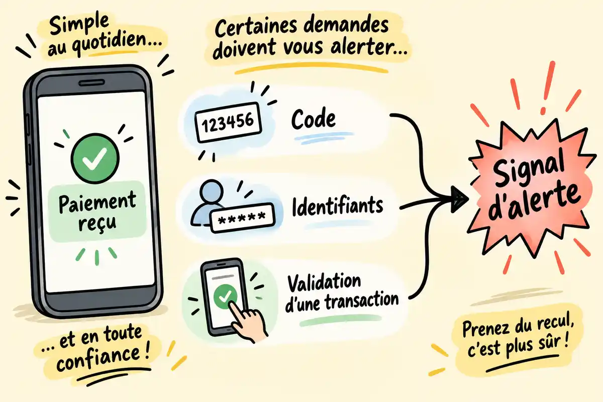 Pour recevoir un paiement, aucun code, identifiant ni approbation de transaction n’est nécessaire ; ces demandes signalent un échange suspect.