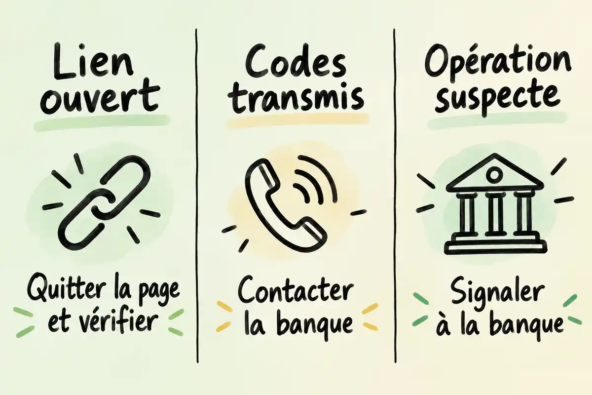 Après un lien ouvert, quittez la page et vérifiez ; si des codes ont été transmis ou une opération paraît suspecte, contactez la banque.