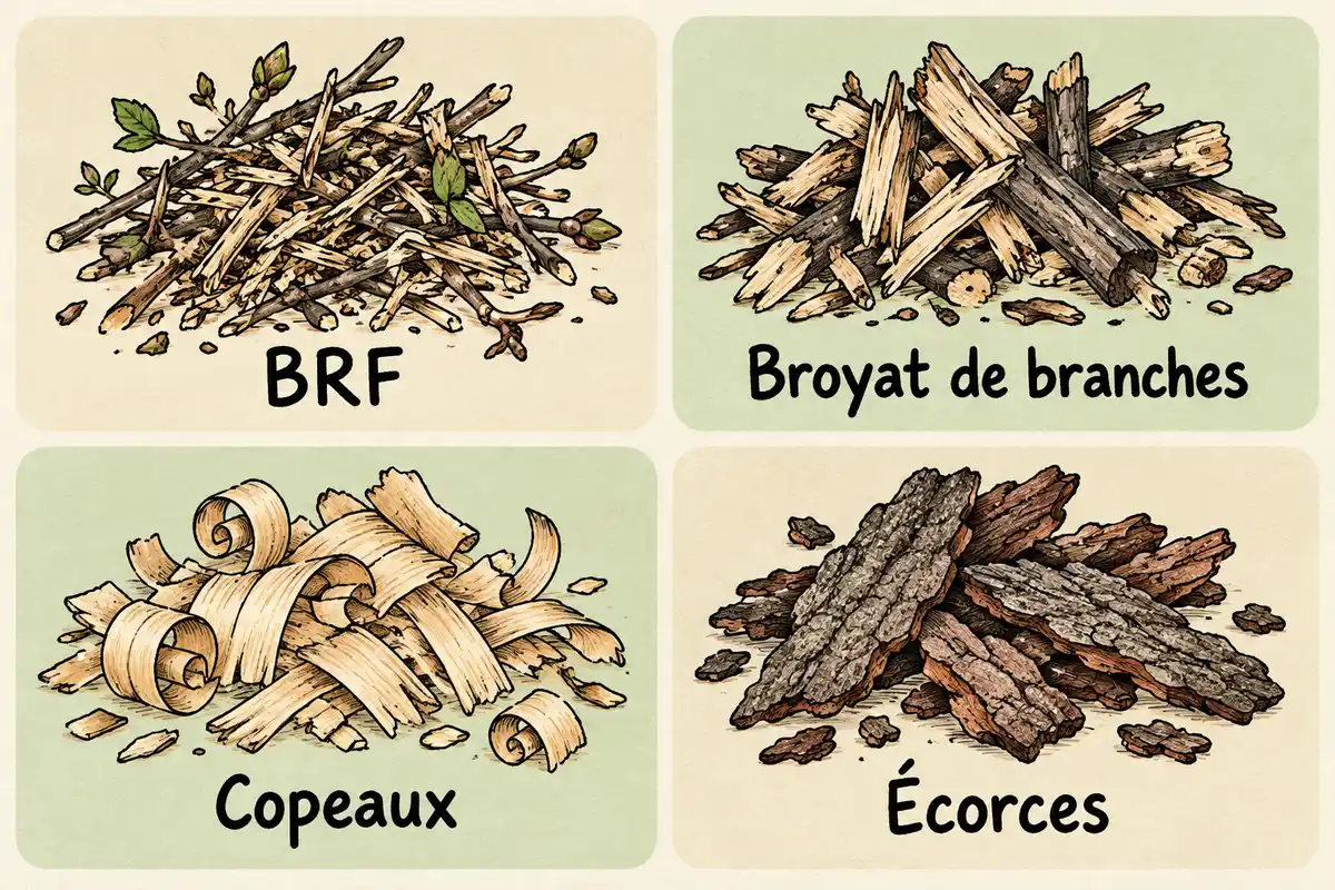 BRF, broyat de branches, copeaux et écorces se distinguent par leur origine et leur calibre, à choisir selon l’usage.
