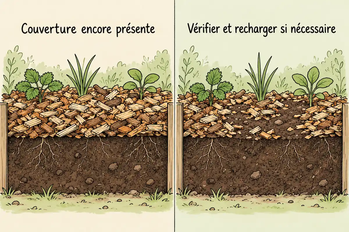 Une couverture de broyat encore présente se distingue d’une couche amincie laissant réapparaître la terre, à vérifier avant recharge.