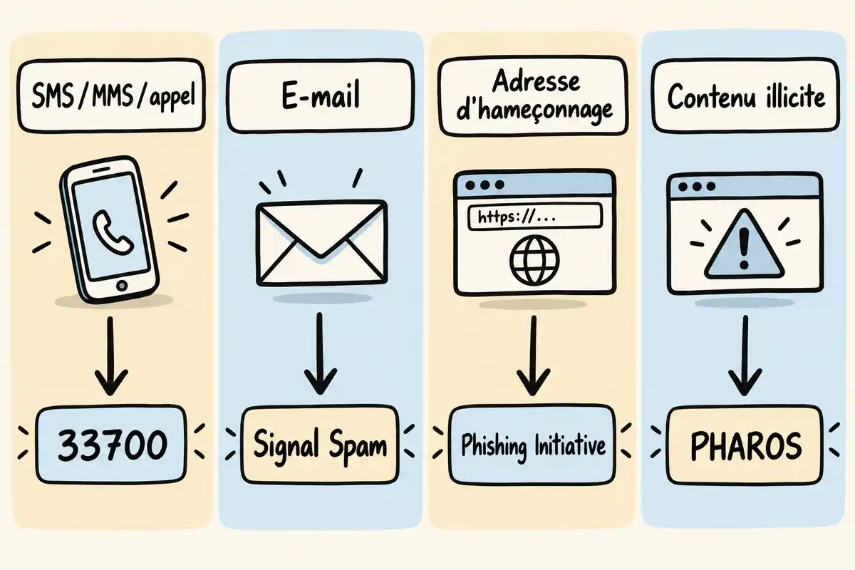 Le support reçu détermine la voie de signalement : 33700 pour SMS, MMS ou appel, Signal Spam pour un courriel, Phishing Initiative pour un site et PHAROS pour un contenu illicite.