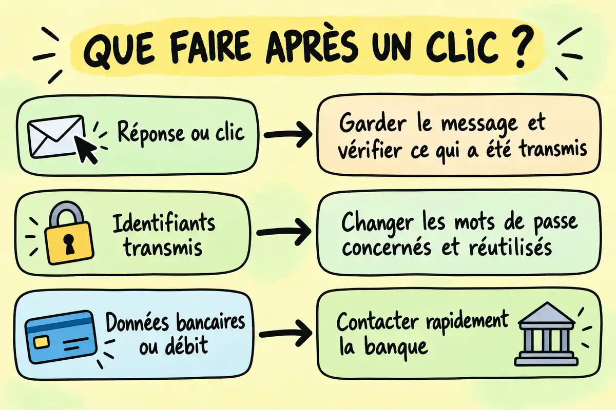 Après un clic, vérifiez les données transmises ; si des identifiants sont concernés, sécurisez les comptes, et pour des données bancaires ou un débit, contactez la banque.