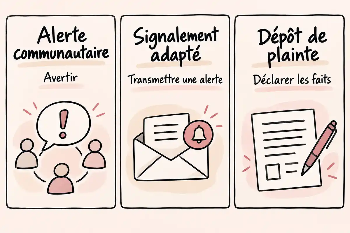 Alerter la communauté, transmettre un signalement spécialisé et déposer plainte répondent à des objectifs distincts ; plusieurs démarches peuvent se compléter.