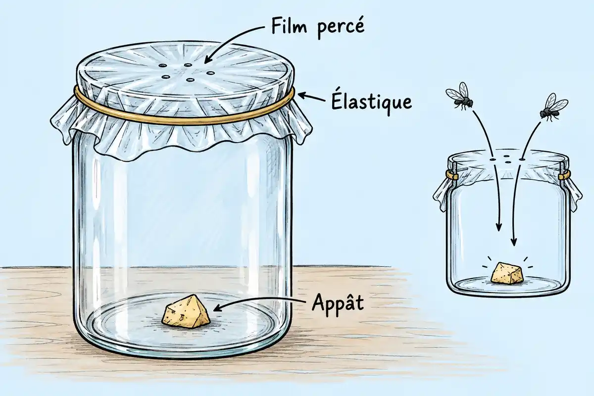 Dans la variante en bocal, un film percé maintenu par un élastique forme l’entrée au-dessus de l’appât.